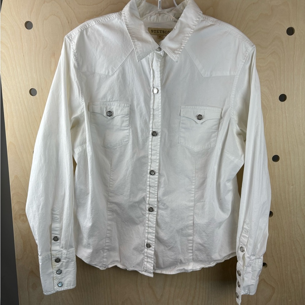 Stetson Women’s White Hexagonal Pearl Snap Long Sleeve Button Down Cotton Top XL